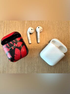 Saint Laurent Red & Black Leather Airpod Keyring Case WITH Airpods